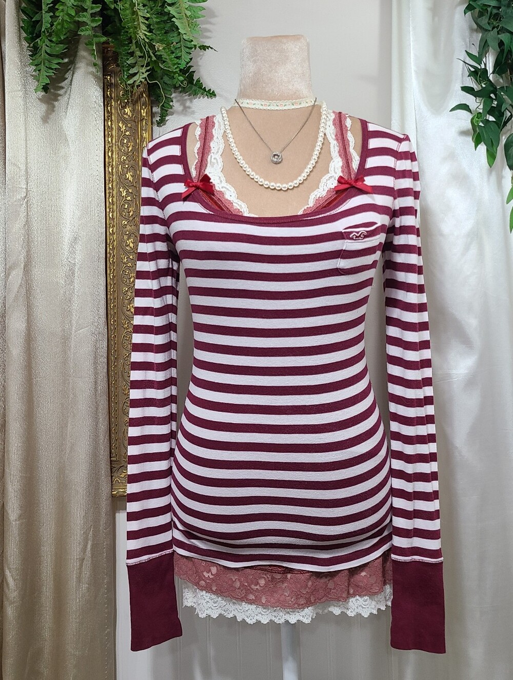 ♡ Y2K ♡ Hollister Burgundy Striped Babydoll Long Sleeve Layering Top Bella Swan